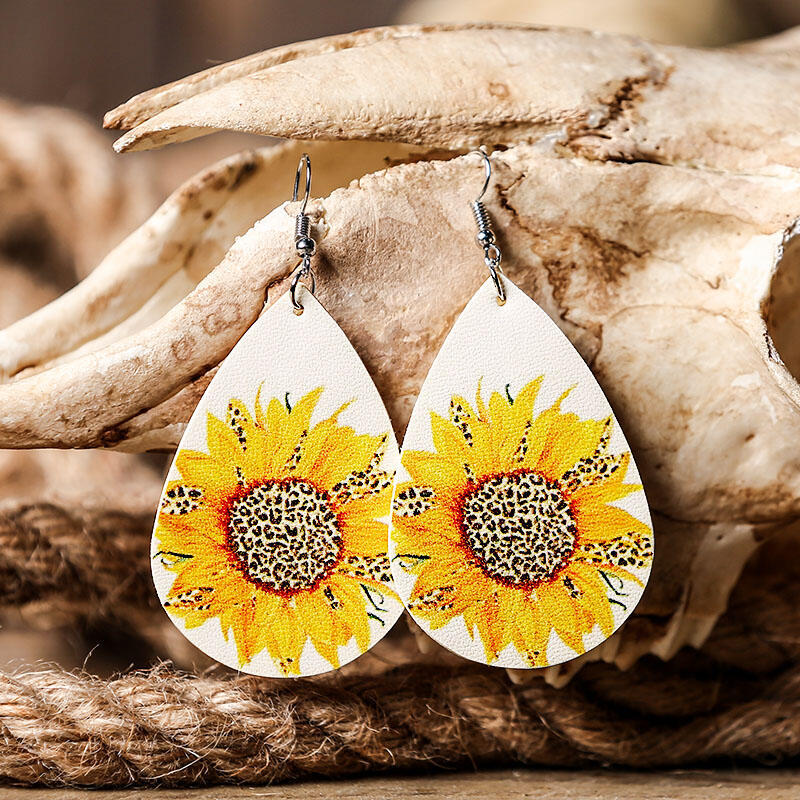Wholesale Leopard Print Sunflower Water Drop Leather Earrings